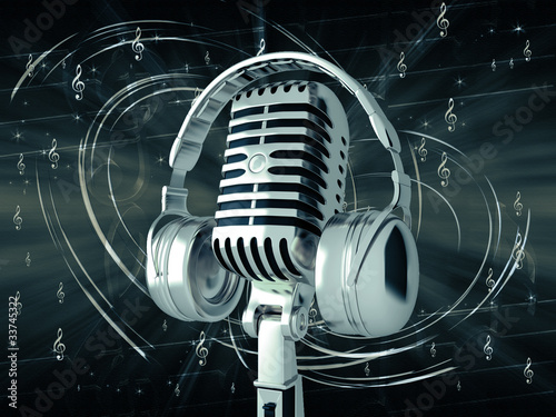 Earphone on Microphone With Headphones On Musical Background Lina0486 33745322