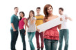 young woman with blank ad banner