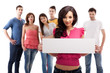 woman holding blank ad banner woman holding blank ad banner