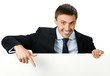 Happy business man showing blank signboard, isolated