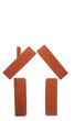 red clay bricks in the shape of a house, on white