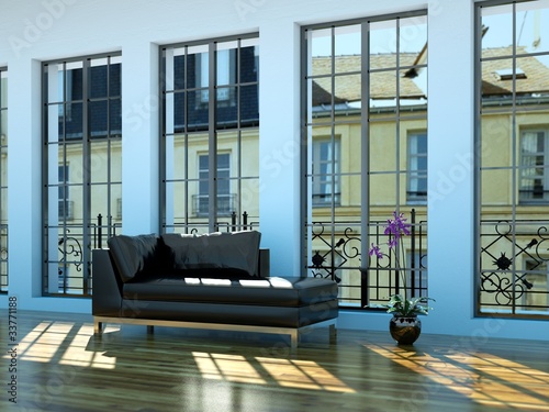 Photo: Wohndesign - schwarzes Ledersofa im Loft Wohndesign - schwarzes Ledersofa im Loft