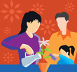 Front view of family watering plant