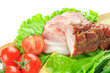 Arrangement with meat smoked bacon, tomatoes and cheese