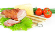 Arrangement with meat smoked bacon, tomatoes and cheese