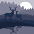Rain deer family in wild night forest foliage illustration