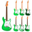 set of green electric guitars isolated on white background