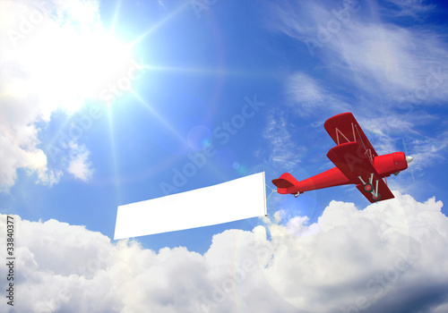 Illustration: Doppeldecker mit Werbebanner bei Sonnenschein Doppeldecker mit Werbebanner bei Sonnenschein