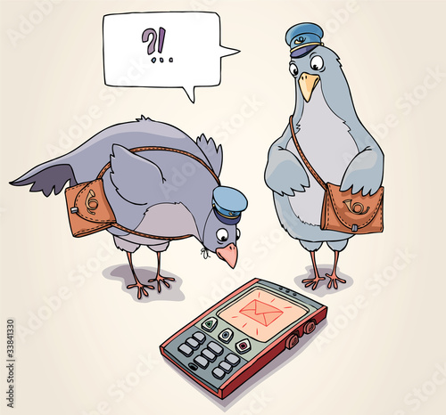 Vector: Two carrier pigeons are wonder to receive the SMS. Two carrier pigeons are wonder to receive the SMS.