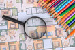 House plan,magnifier and color pencils House plan,magnifier and color pencils