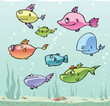 Set of the funny cartoon fishes in their habitat.