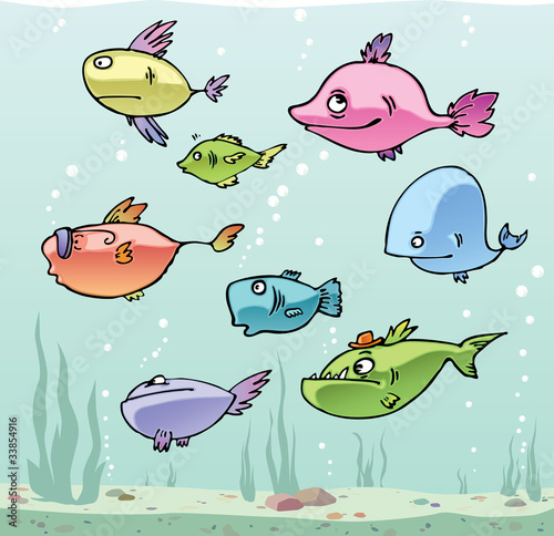 pictures of cartoon fishes. Set of the funny cartoon fishes in their habitat.