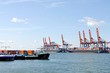 Container ship in harbor of rotterdam with colorful cranes