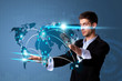 Man pressing modern touch screen buttons Man pressing modern touch screen buttons