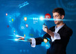 Man pressing modern touch screen buttons Man pressing modern touch screen buttons
