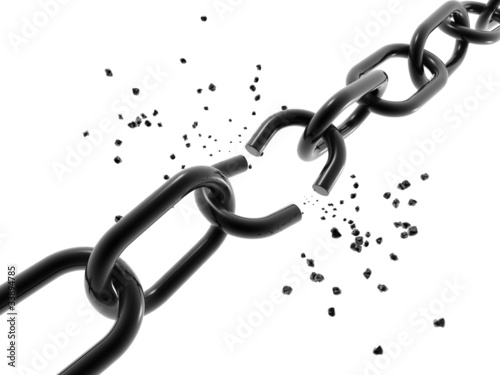 Illustration: A computer generated image of a chain with a broken link. A computer generated image of a chain with a broken link.