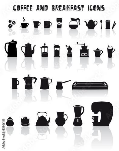 Vector: set di icone per la colazione, tazze e attrezzi per tè e caffé set di icone per la colazione, tazze e attrezzi per tè e caffé