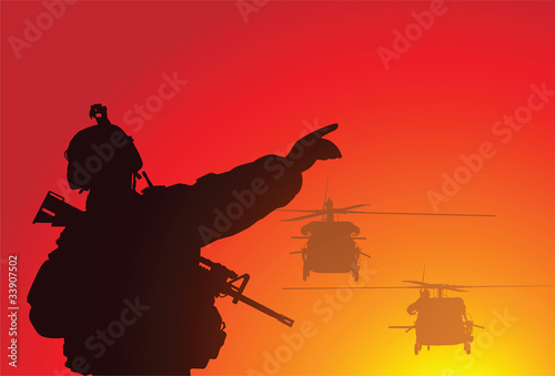 Vector: Vector silhouette of a soldier with helicopters Vector silhouette of a soldier with helicopters