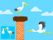 cartoon stork in nest on chimney and flying