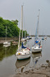 Boats moored at mouth of River Almond, Cramond, Scotland, UK