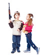 A girl is kissing a boy with the gun A girl is kissing a boy with the gun