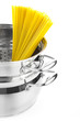 Italian cooking / saucepan with spaghetti / isolated on white