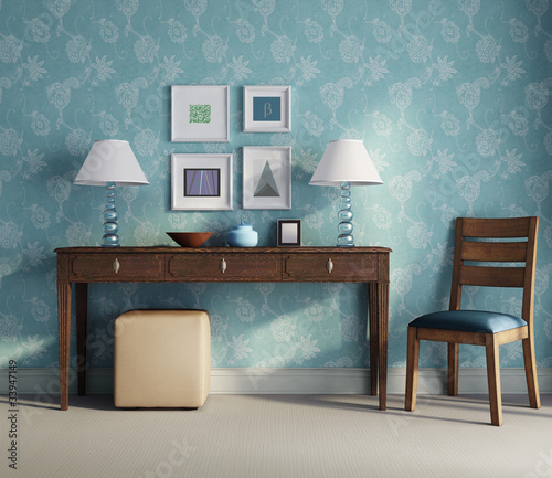 Illustration: 3d Classic, antique, Buffet console with frames, lights chair 3d Classic, antique, Buffet console with frames, lights chair