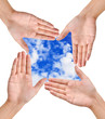Hand forming frame shape on blue sky