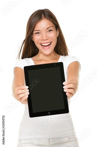 Photo: Woman showing tablet pc touchpad screen Woman showing tablet pc touchpad screen