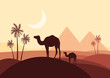 Camels with pyramids in wild africa landscape