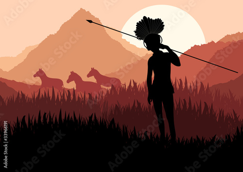 Vector: Native african hunter in wild nature Native african hunter in wild nature