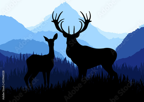 Vector: Rain deer family in wild nature Rain deer family in wild nature