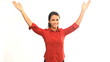 Young businesswoman throwing arms in the air