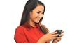 Young tan businesswoman sending fun text message