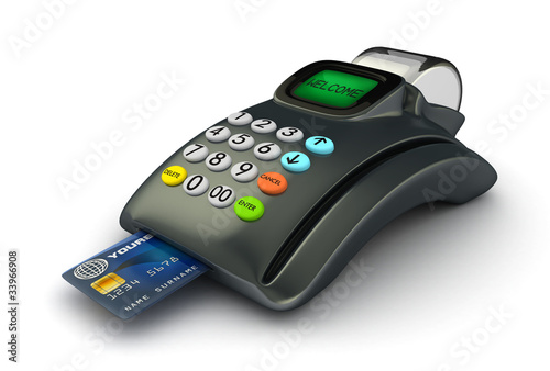 Illustration: 3D POS-terminal with credit card isolated 3D POS-terminal with credit card isolated
