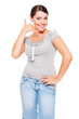 smiley woman making call me gesture smiley woman making call me gesture