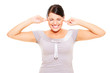 stressful woman with fingers in ears stressful woman with fingers in ears
