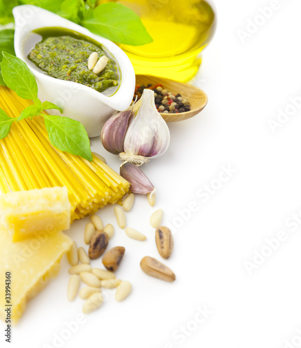 Photo: Italian food / pesto and pasta / border composition Italian food / pesto and pasta / border composition