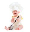 Little boy with metal ladle and cook hat isolated