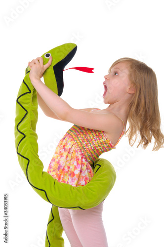 Photo: girl fights with toy snake girl fights with toy snake