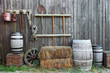 barrel bale and fork in old barn