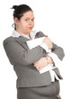 young fat woman in grey suit  with blank card