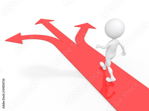 Illustration: 3d man with multiple arrow paths isolated on white 3d man with multiple arrow paths isolated on white