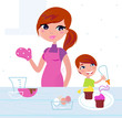 Happy mother with her son cooking in the kitchen. Vector