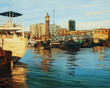old port of barcelona, painting on a canvas oil old port of barcelona, painting on a canvas oil