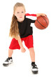 Serious Girl Child Basketball Player Dribbling Ball Between Legs