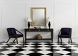 Vintage  console table with purple chairs and checker floor