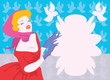 Beautiful happy woman retro portrait card with birds and space f Beautiful happy woman retro portrait card with birds and space f