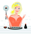 Woman eat susi -exotic food in Sushi bar Woman eat susi -exotic food in Sushi bar