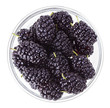 Black mulberry fruits in transparent glass, isolated on white ma Black mulberry fruits in transparent glass, isolated on white ma